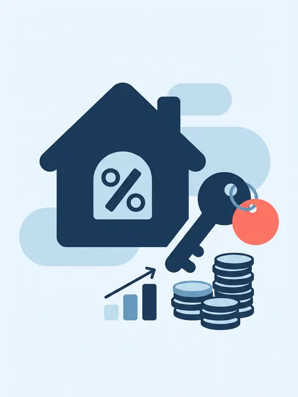 Illustration d'une maison marquée d'un pourcentage, avec une clé, des pièces de monnaie et un graphique en hausse