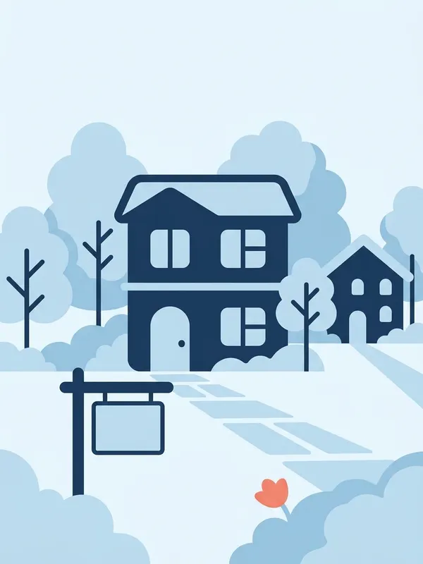 Illustration d'une maison avec une pancarte à vendre dans un quartier résidentiel