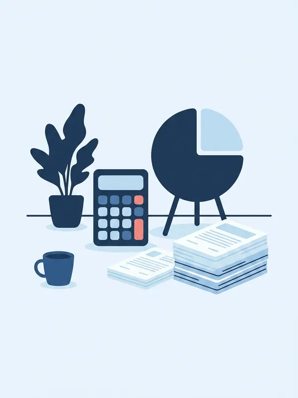 Illustration d'un bureau de comptable avec une calculatrice, un diagramme circulaire et une pile de documents