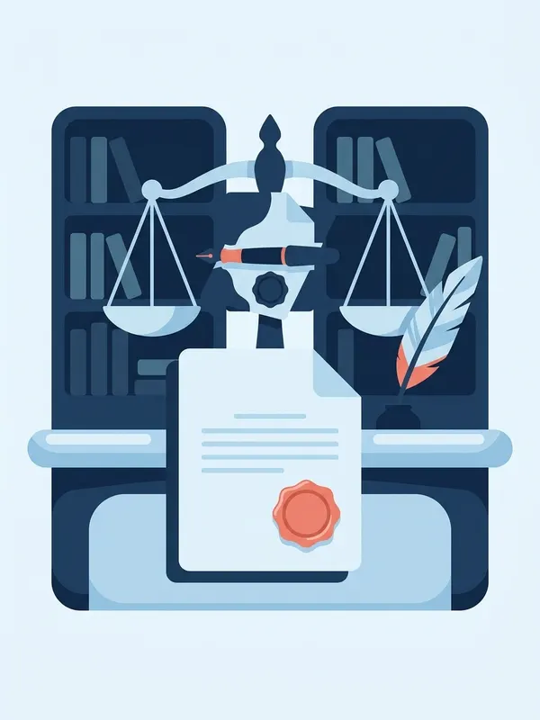 Illustration d'un acte notarié scellé à la cire, avec une balance de justice et une plume, devant une bibliothèque